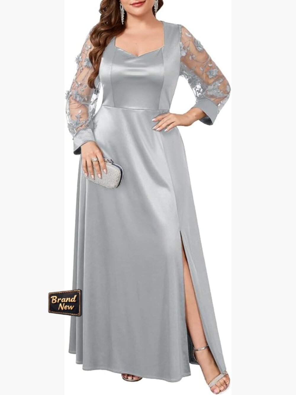 Plus Size Formal Satin Maxi Dress 3D Floral Square Neck Slit Long Sleeve Gown